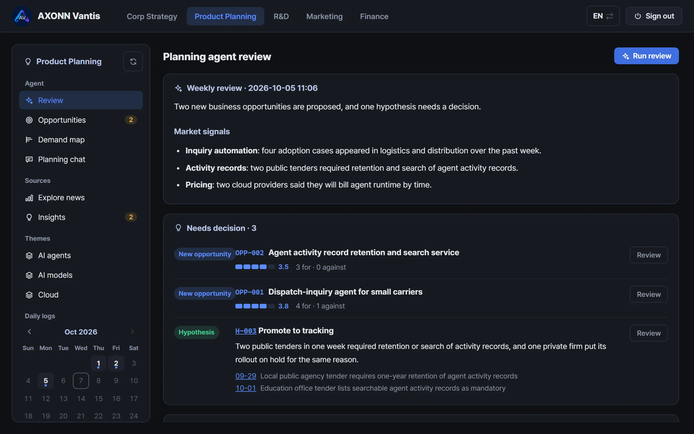 The product planning agent screen, showing market signals, proposed business opportunities, and the items that need a decision.