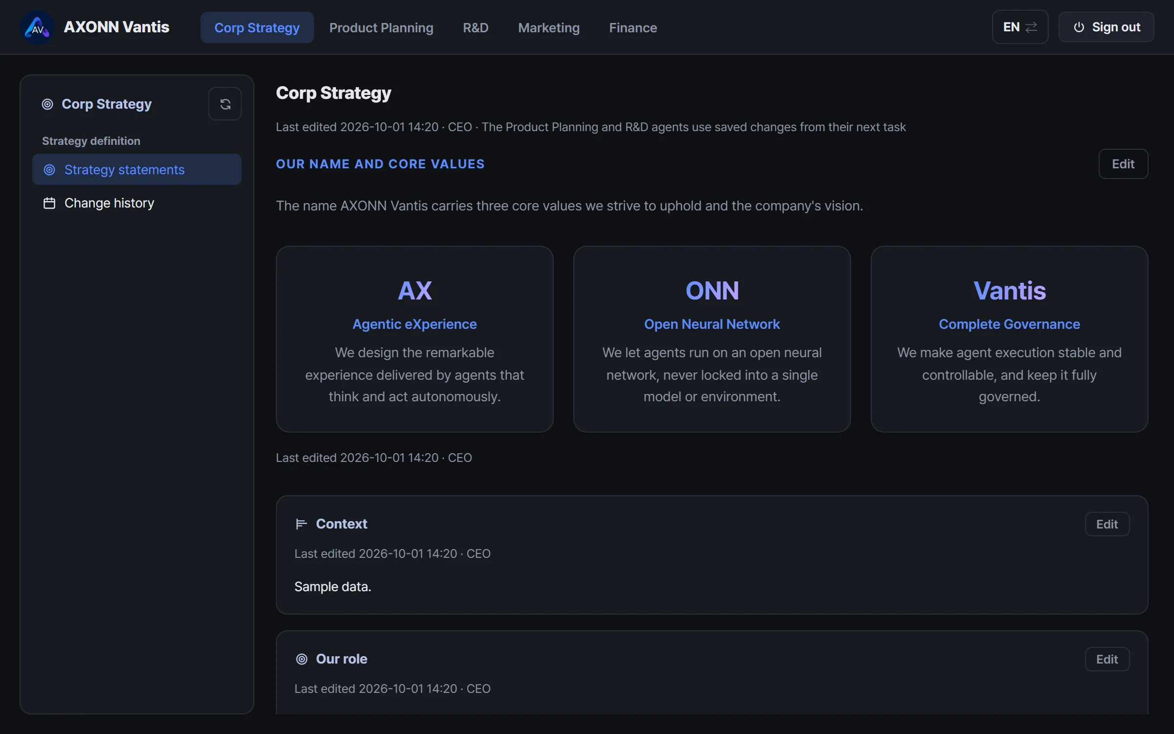 The company strategy screen, showing the sections of the strategy document and the content of the "Name and core values" section.
